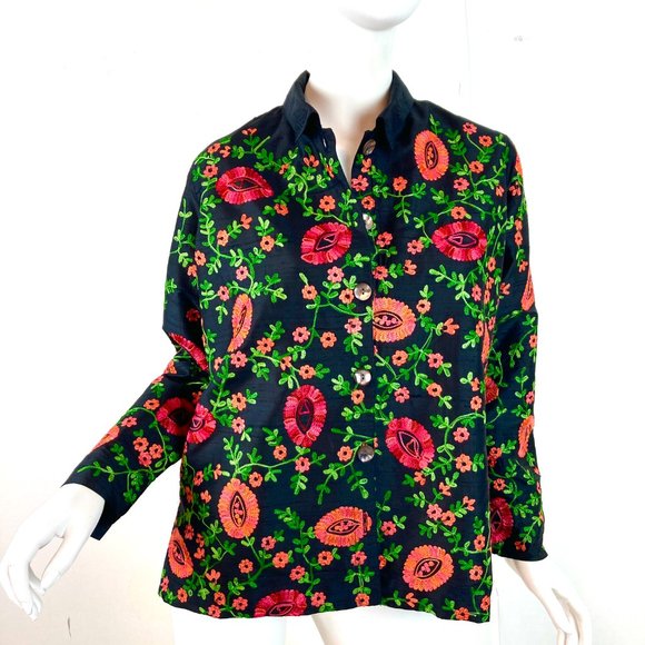 Laura Ashley Petite Vintage Embroidered Silk Shantung Shirt/Overshirt - Picture 1 of 8